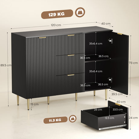 Wooden Sideboard 120cm Wide With 2 Doors 3 Drawers And Gold Legs - Velmora