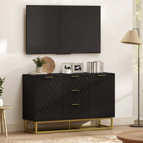 Wooden Sideboard 120cm Wide With 2 Doors 3 Drawers And Metal Frame - Velmora