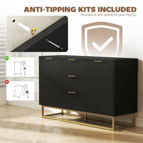Wooden Sideboard 120cm Wide With 2 Doors 3 Drawers And Metal Frame - Velmora