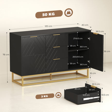 Wooden Sideboard 120cm Wide With 2 Doors 3 Drawers And Metal Frame - Velmora