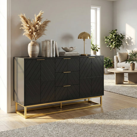 Wooden Sideboard 120cm Wide With 2 Doors 3 Drawers And Metal Frame - Velmora