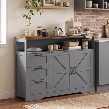 Wooden Sideboard 120cm Wide With 2 Doors 3 Drawers And Open Shelf - Velmora