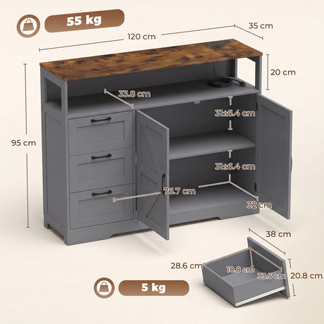 Wooden Sideboard 120cm Wide With 2 Doors 3 Drawers And Open Shelf - Velmora