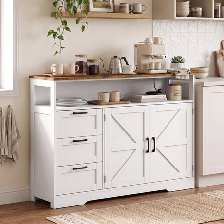 Wooden Sideboard 120cm Wide With 2 Doors 3 Drawers And Open Shelf - Velmora