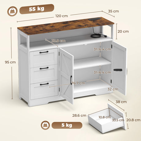 Wooden Sideboard 120cm Wide With 2 Doors 3 Drawers And Open Shelf - Velmora