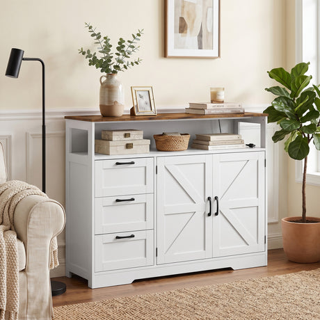 Wooden Sideboard 120cm Wide With 2 Doors 3 Drawers And Open Shelf - Velmora