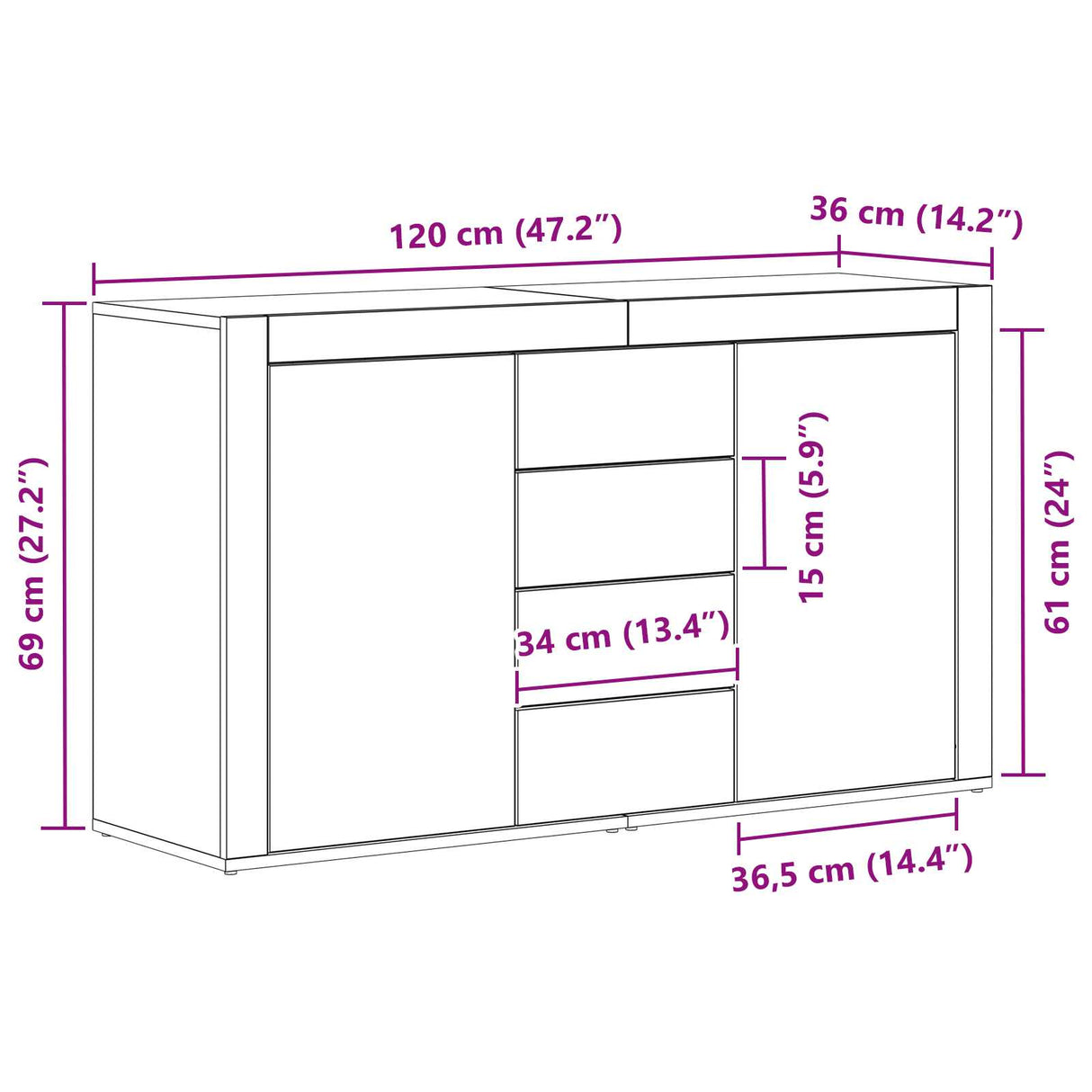 Wooden Sideboard 120cm Wide With 2 Doors 4 Drawers - Vantage Home