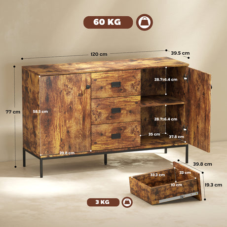 Wooden Sideboard 120cm Wide With 2 Doors And 3 Drawers - Velmora