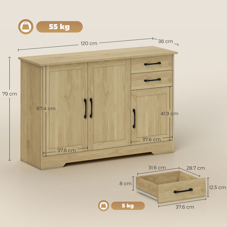 Wooden Sideboard 120cm Wide With 3 Doors And 2 Drawers - Velmora