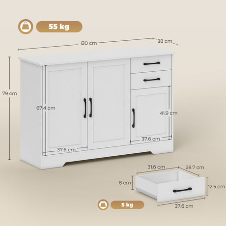 Wooden Sideboard 120cm Wide With 3 Doors And 2 Drawers - Velmora