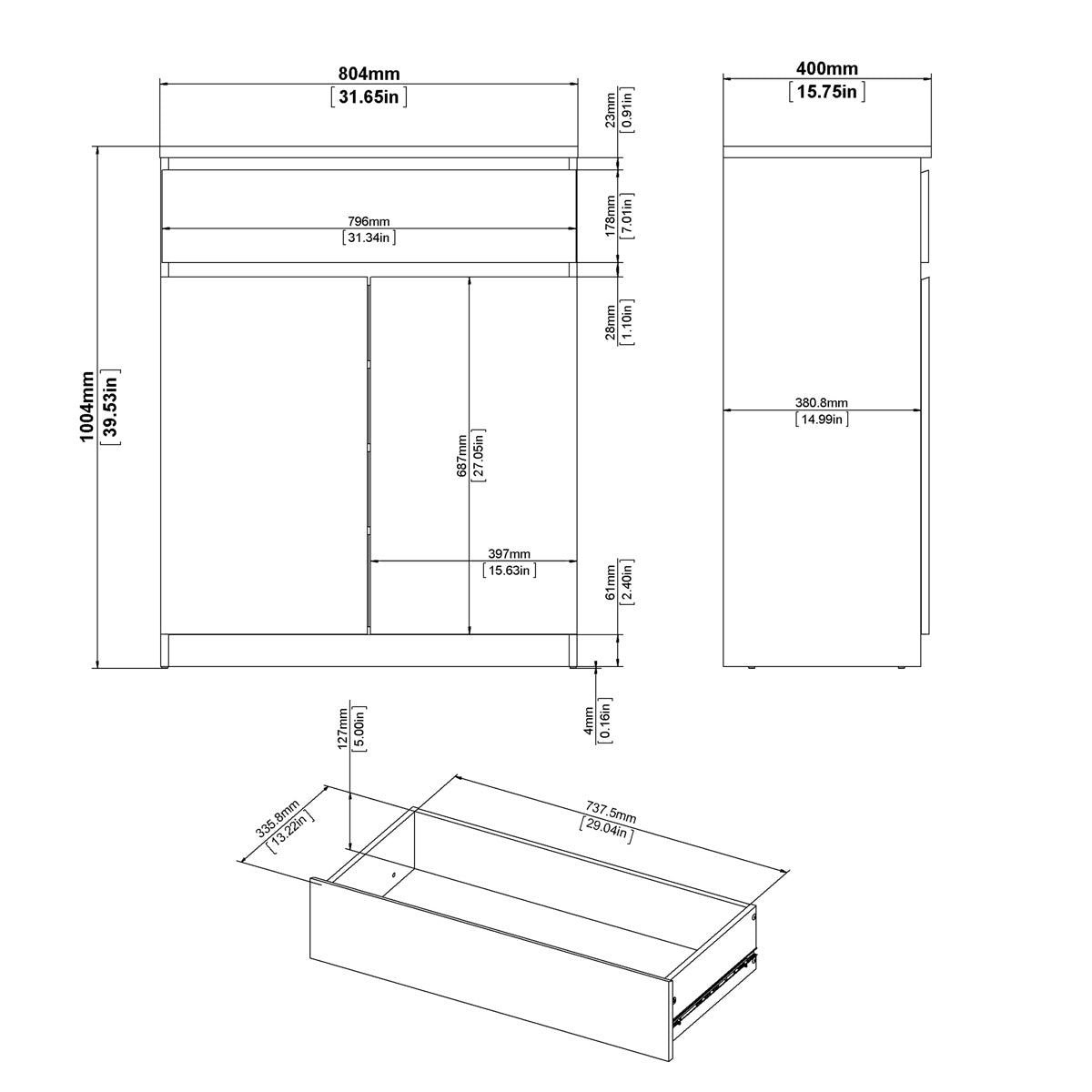 Wooden Sideboard With 2 Doors And 1 Drawer - Naia