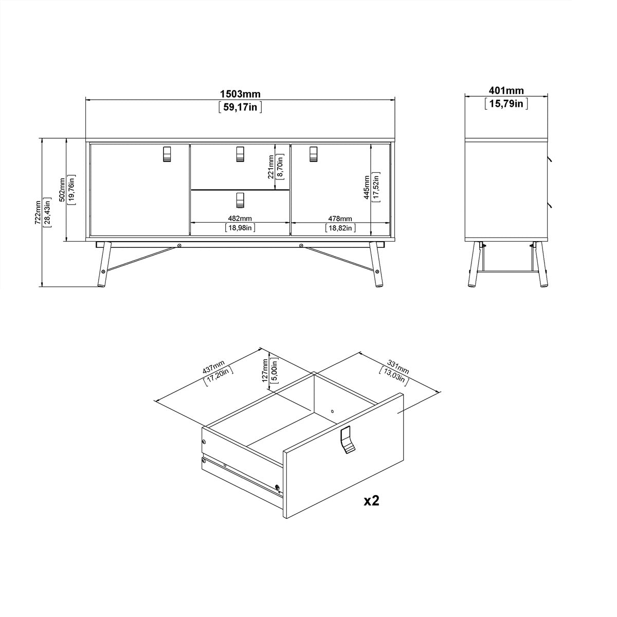 Wooden Sideboard With 2 Doors And 2 Drawers - Ry