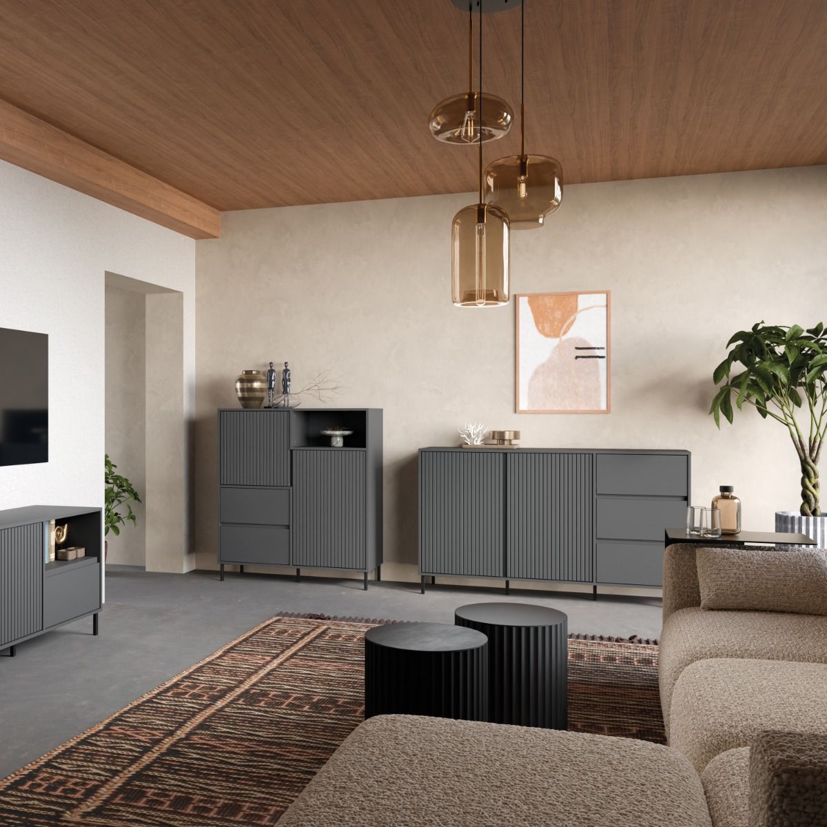 Wooden Sideboard With 2 Doors And 3 Drawers - Avenale