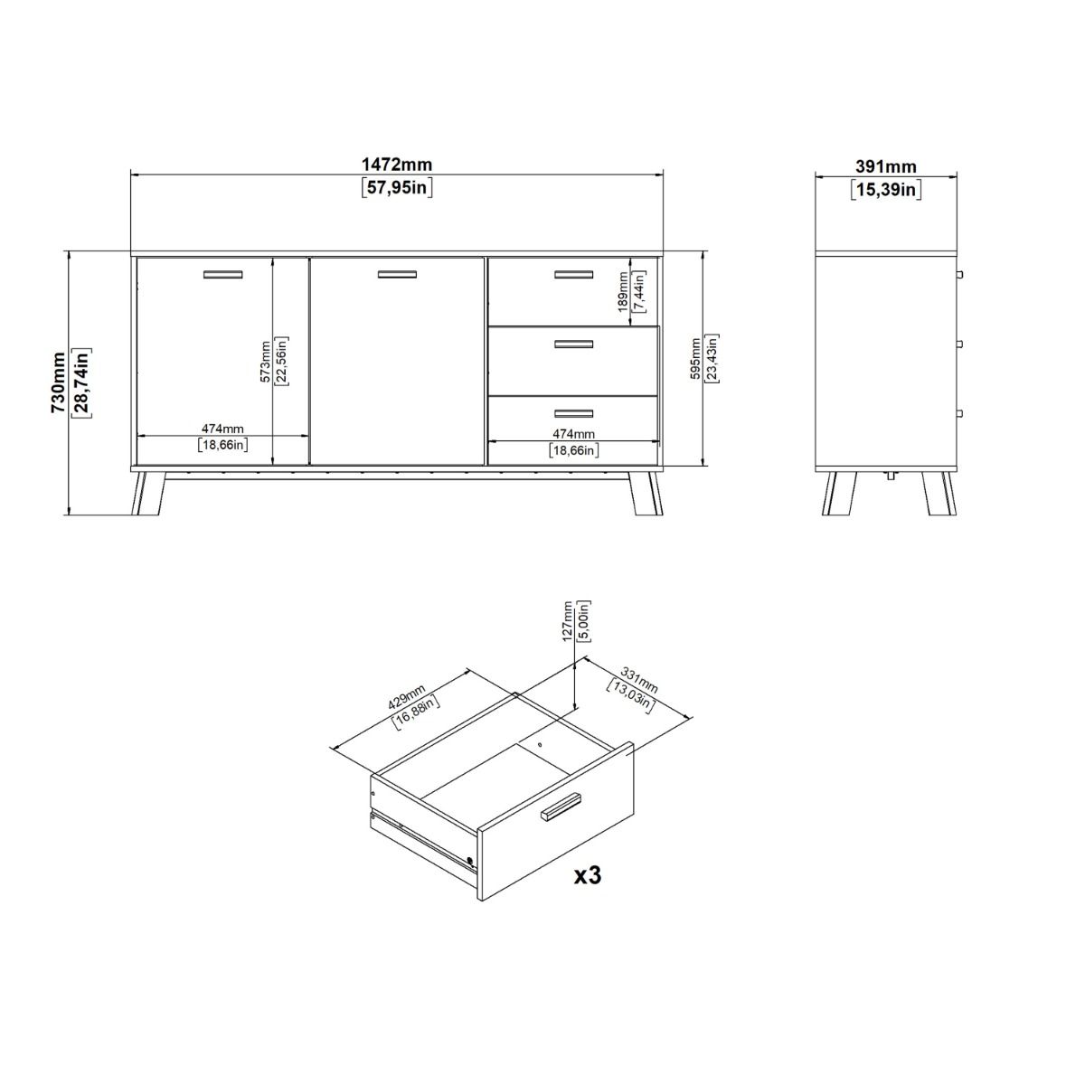 Wooden Sideboard With 2 Doors And 3 Drawers In White Fronts - Ikast
