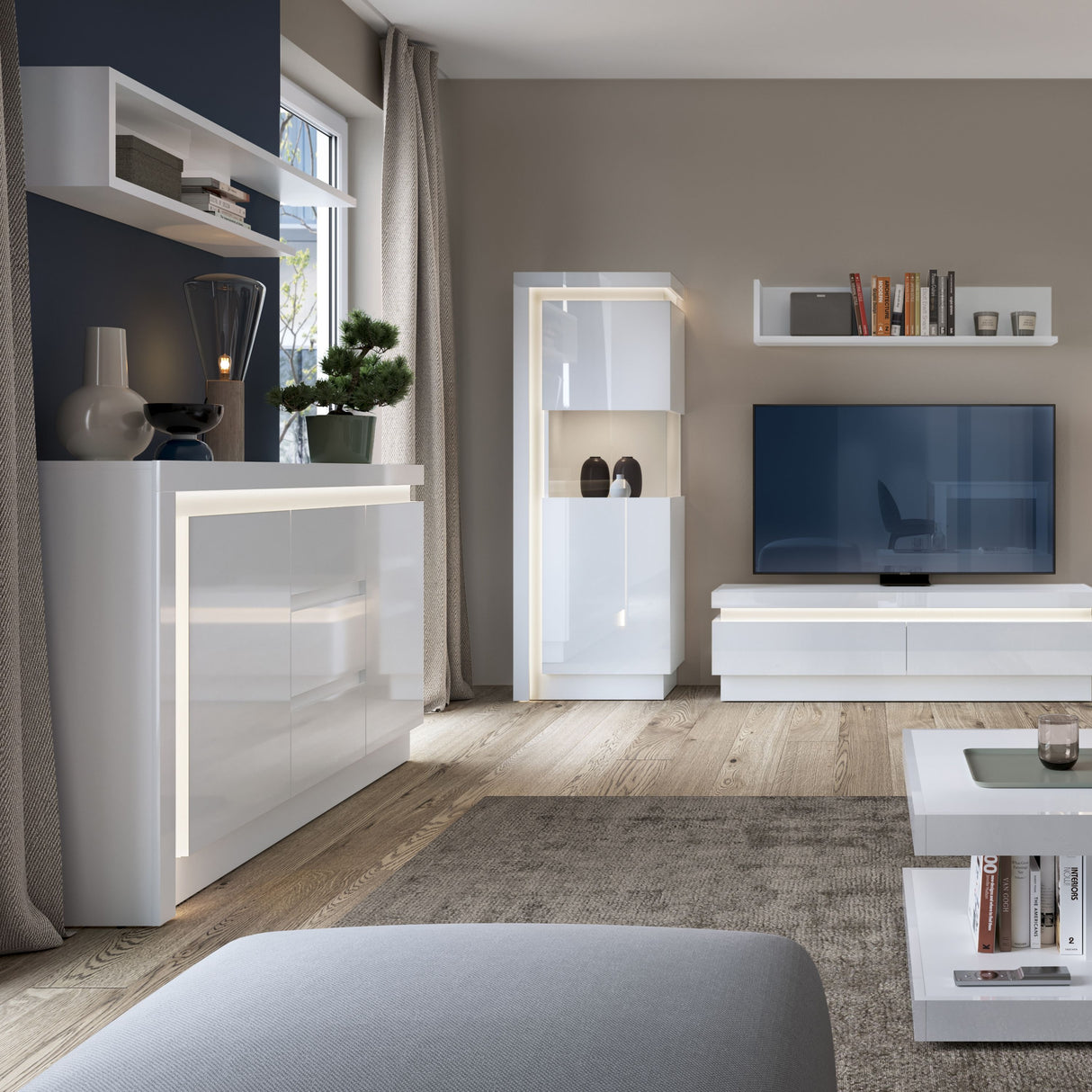 Wooden Sideboard With 2 Doors 3 Drawers And LED Lights - Lyon
