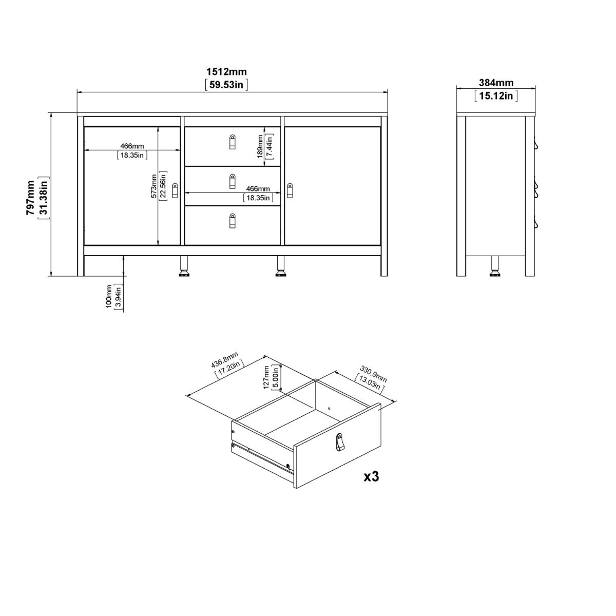 Wooden Sideboard With 2 Doors And 3 Drawers - Madrid