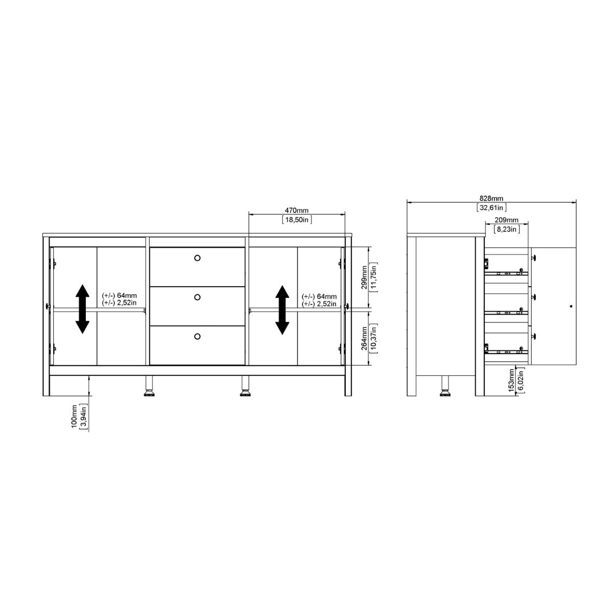 Wooden Sideboard With 2 Doors And 3 Drawers - Madrid