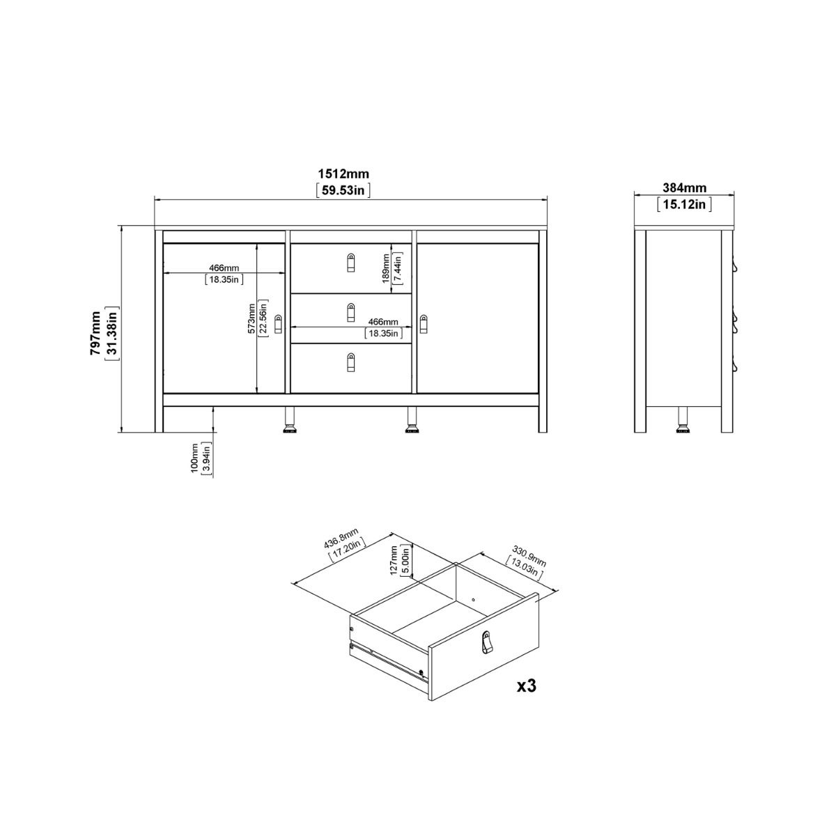Wooden Sideboard With 2 Doors And 3 Drawers - Madrid