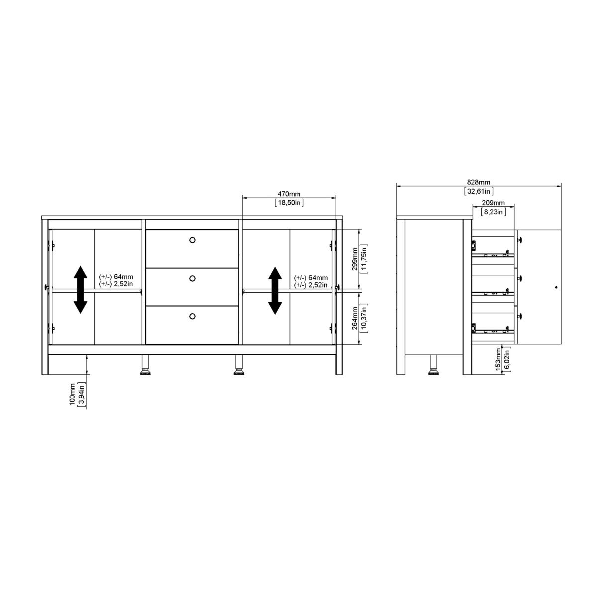 Wooden Sideboard With 2 Doors And 3 Drawers - Madrid
