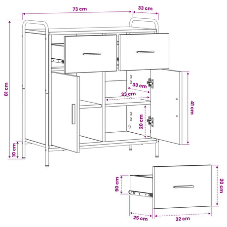 Wooden Sideboard 73cm wide With 2 Doors 2 Drawers And Steel Frame - Vantage Home