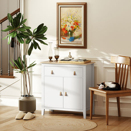 Wooden Sideboard 80cm Wide With 2 Doors 1 Drawer And Faux leather Handles - Velmora