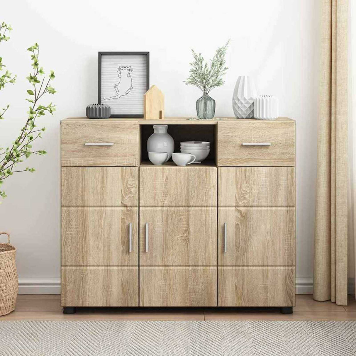Wooden Sideboard 88.5cm Wide With 3 Doors And 2 Drawers - Vantage Home