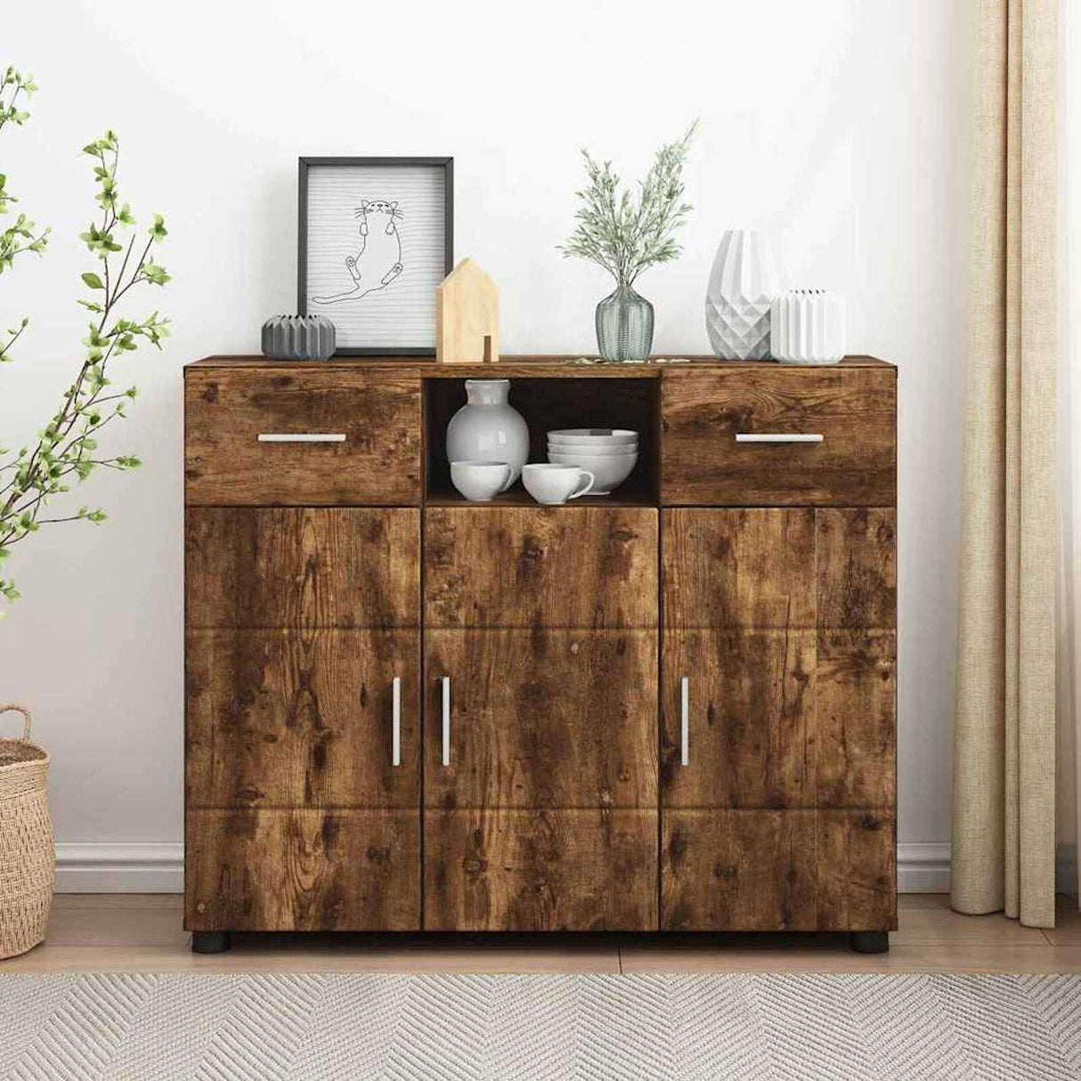 Wooden Sideboard 88.5cm Wide With 3 Doors And 2 Drawers - Vantage Home