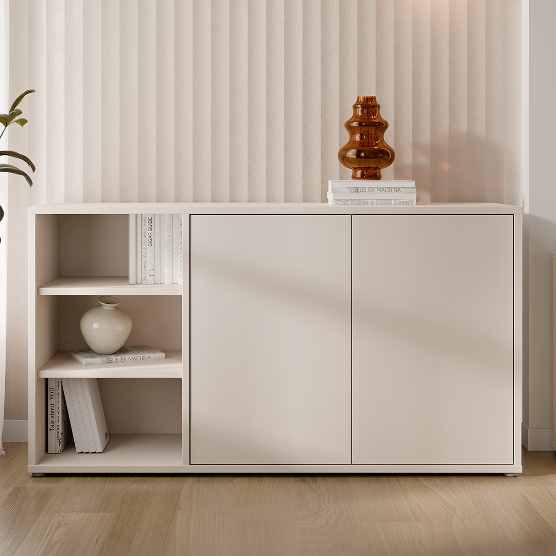 Wooden Sideboard With Open Shelving And 2 Push-to-Open Doors - Alice Springs