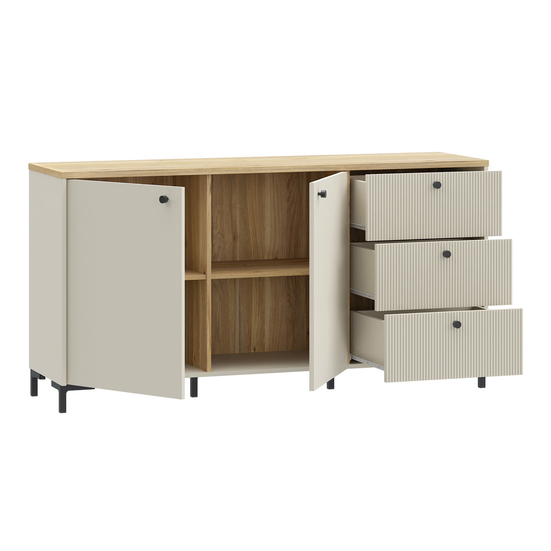 Wooden Sideboard Wide With 2 Doors And 3 Fluted Detailed Drawers - Bixbite