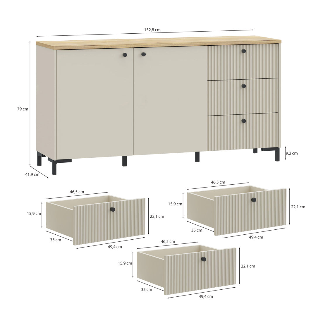 Wooden Sideboard Wide With 2 Doors And 3 Fluted Detailed Drawers - Bixbite