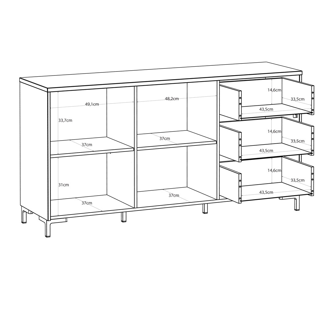 Wooden Sideboard Wide With 2 Doors And 3 Fluted Detailed Drawers - Bixbite