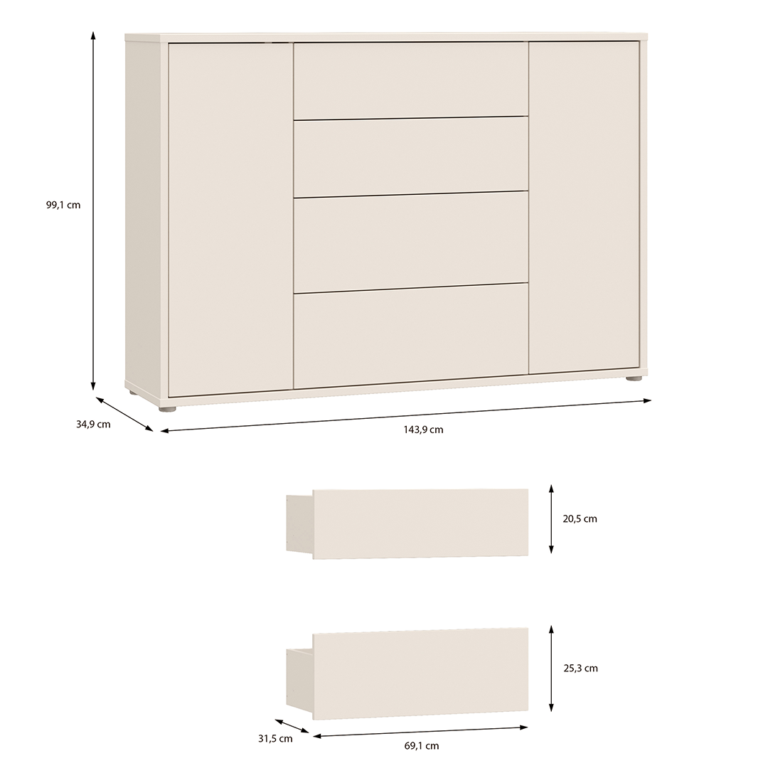 Wooden Sideboard Wide With 2 Push-to-Open Doors And 4 Drawers - Alice Springs