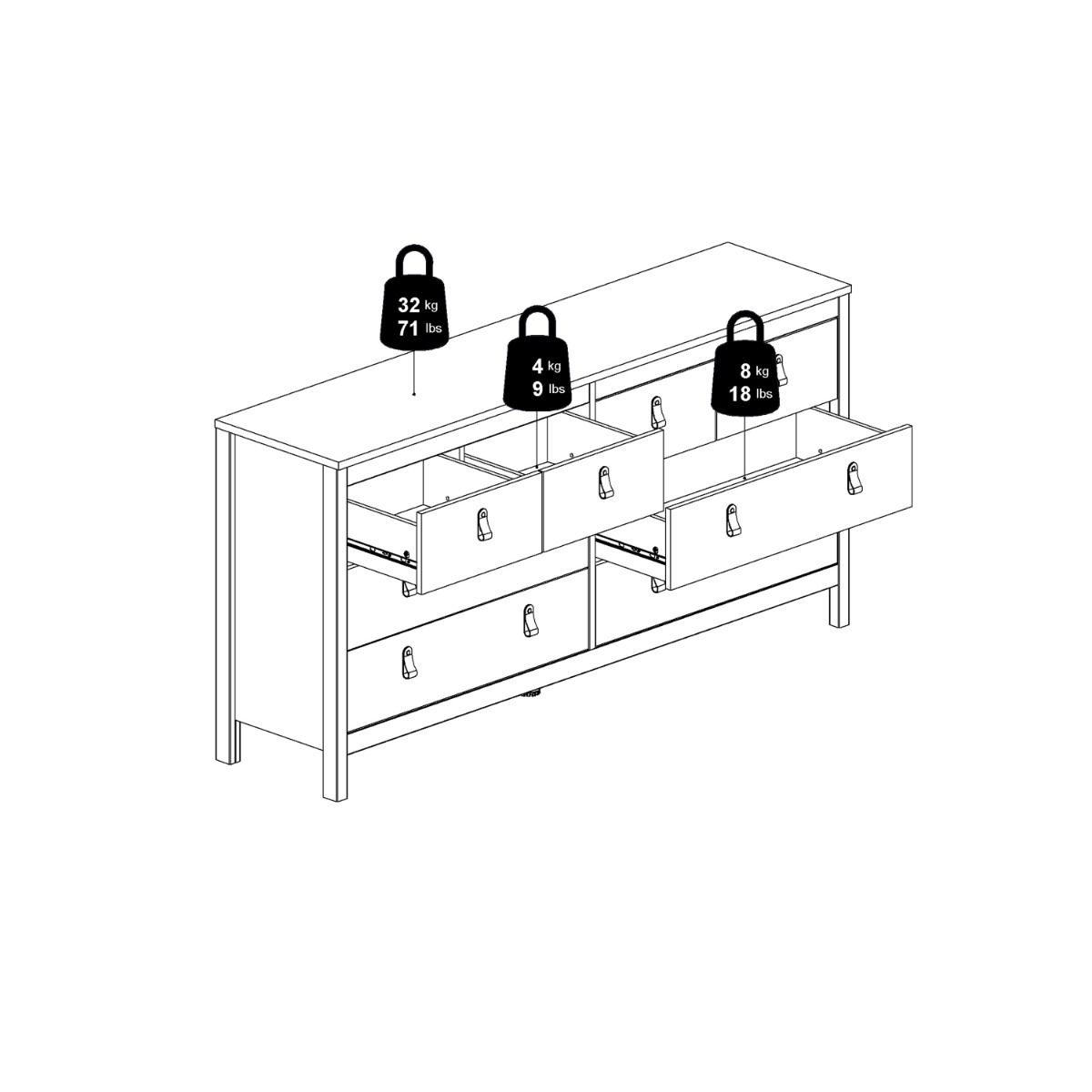 Wooden Sideboard Wide With 8 Drawers Double Dresser - Madrid