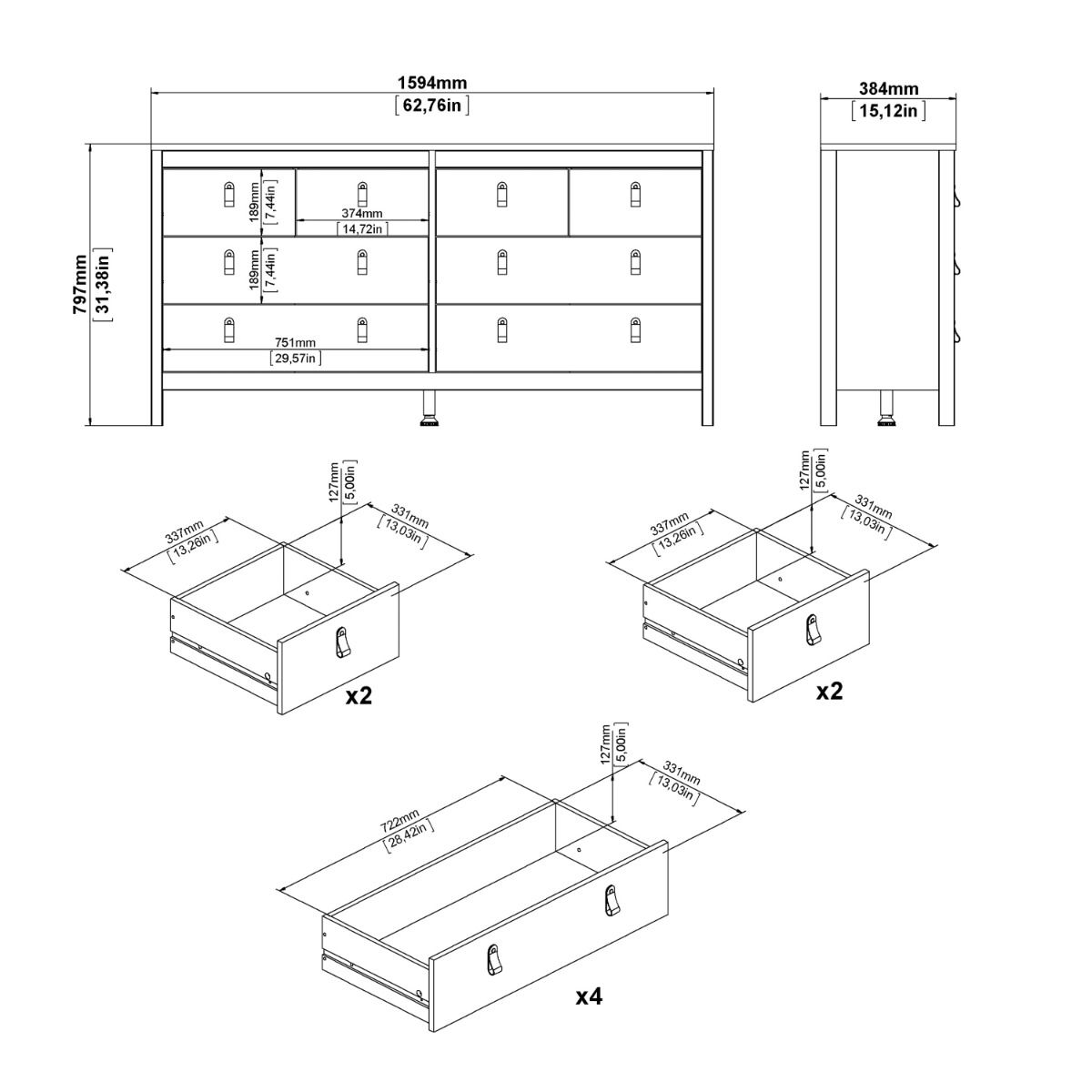 Wooden Sideboard Wide With 8 Drawers Double Dresser - Madrid