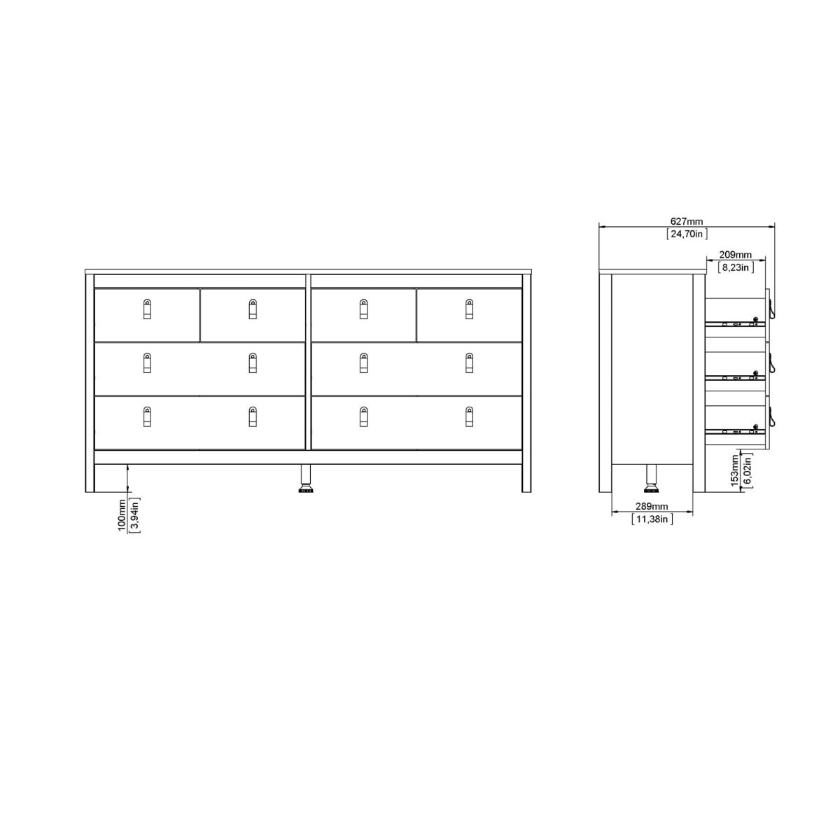 Wooden Sideboard Wide With 8 Drawers Double Dresser - Madrid