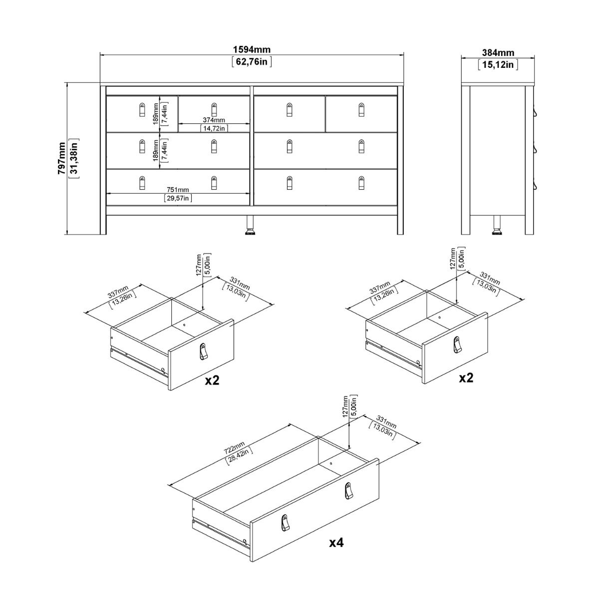 Wooden Sideboard Wide With 8 Drawers Double Dresser - Madrid