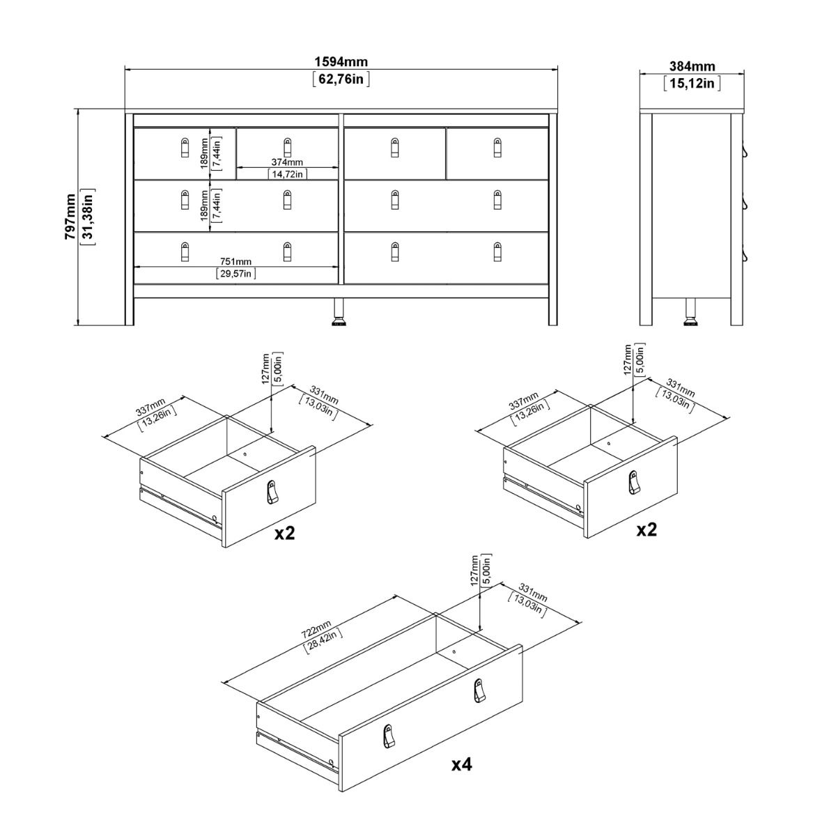 Wooden Sideboard Wide With 8 Drawers Double Dresser - Madrid