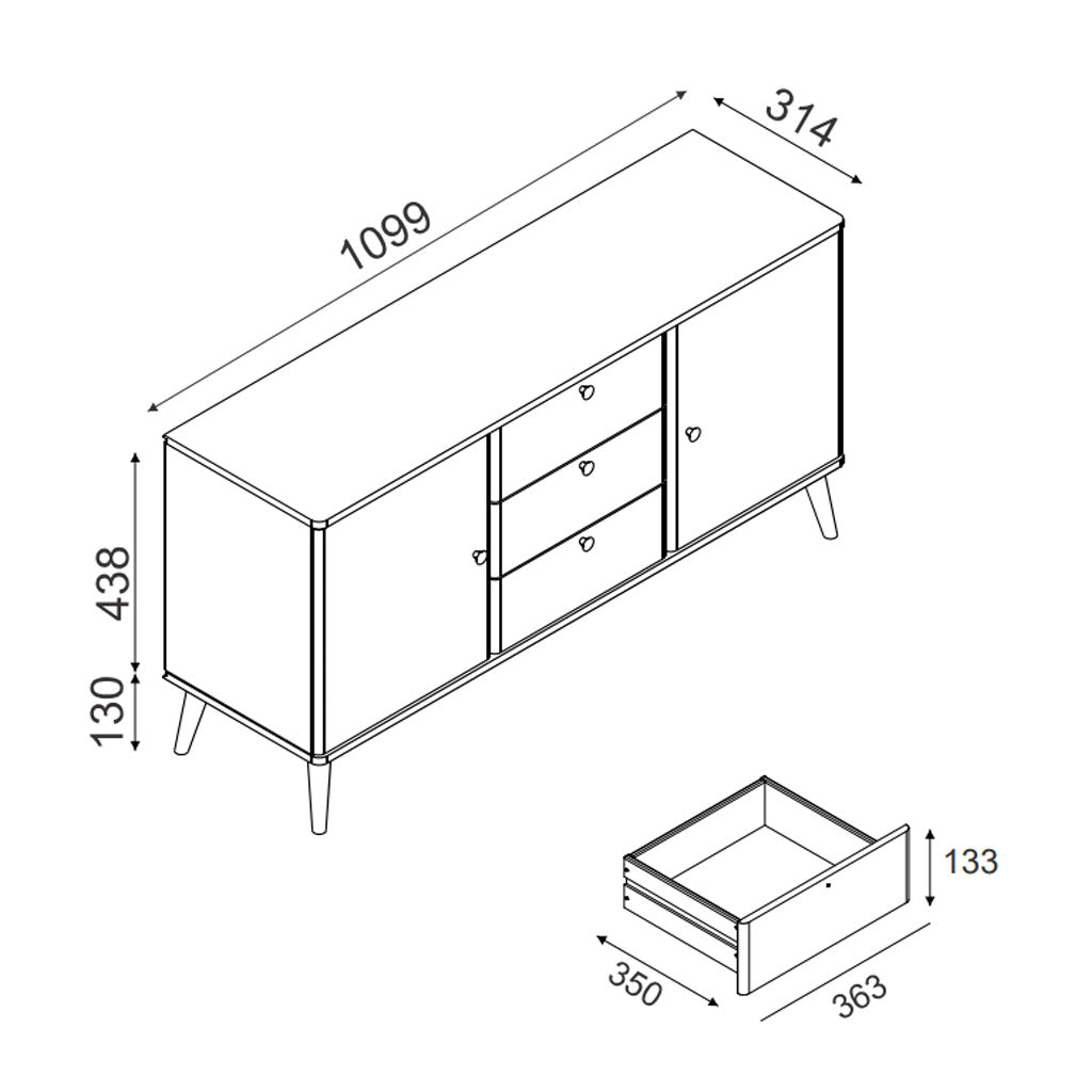 Wooden Sideboard With 2 Doors And 3 Drawers With Plastic Legs - Augusta