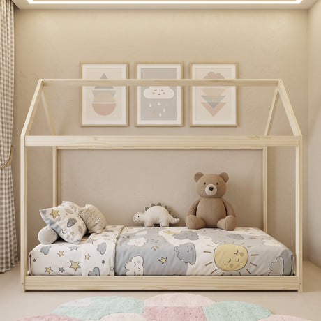 Wooden Single Bed 96cm Wide House Scandinavian Style - Velmora