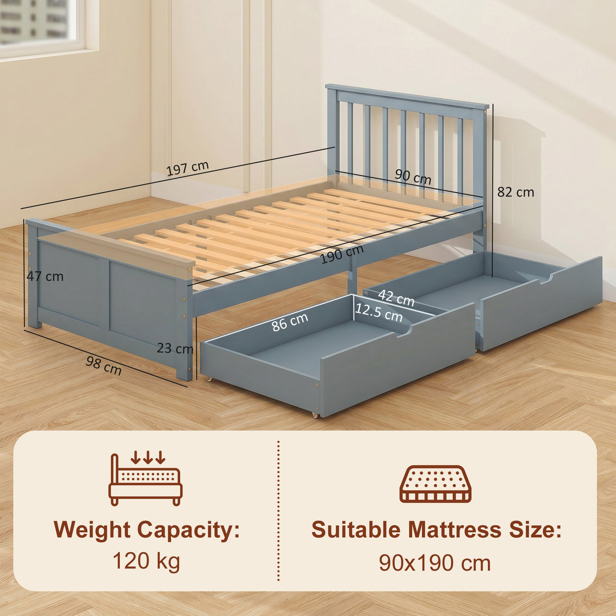 Wooden Single Bed 98cm Wide With 2 Drawers - Velmora