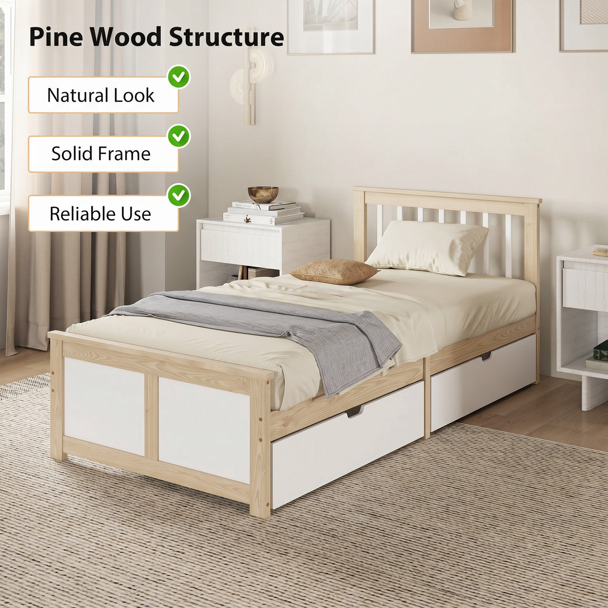 Wooden Single Bed 98cm Wide With 2 Drawers - Velmora