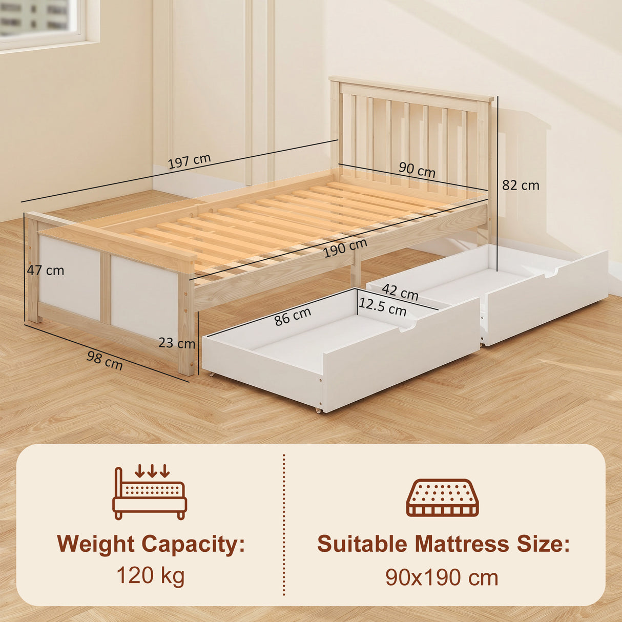 Wooden Single Bed 98cm Wide With 2 Drawers - Velmora
