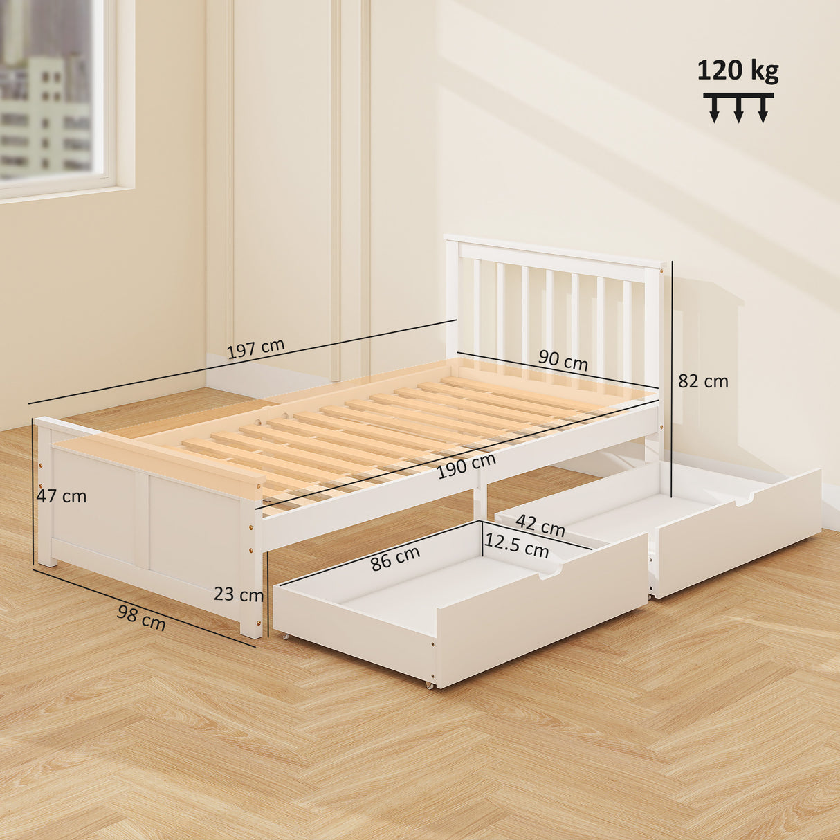 Wooden Single Bed 98cm Wide With 2 Drawers - Velmora