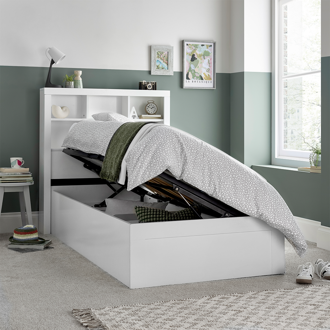 Wooden Single Ottoman Storage Bed With Bookcase Headboard - Oscar