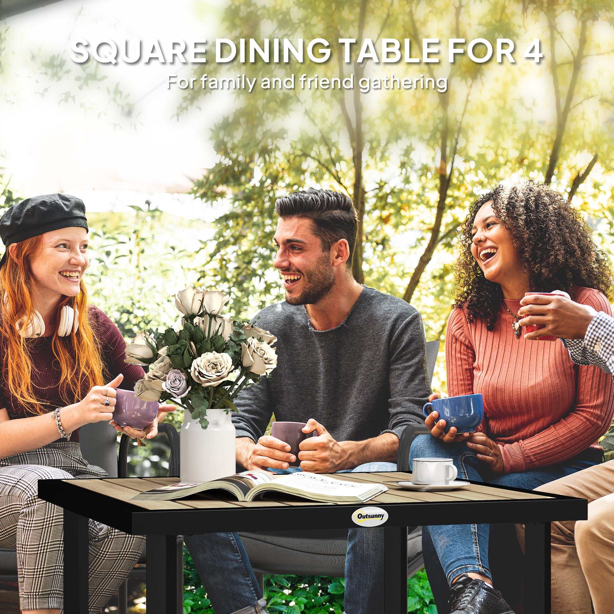 Wooden Slatted Top Outdoor Garden Dining Table for 4 People - Velmora
