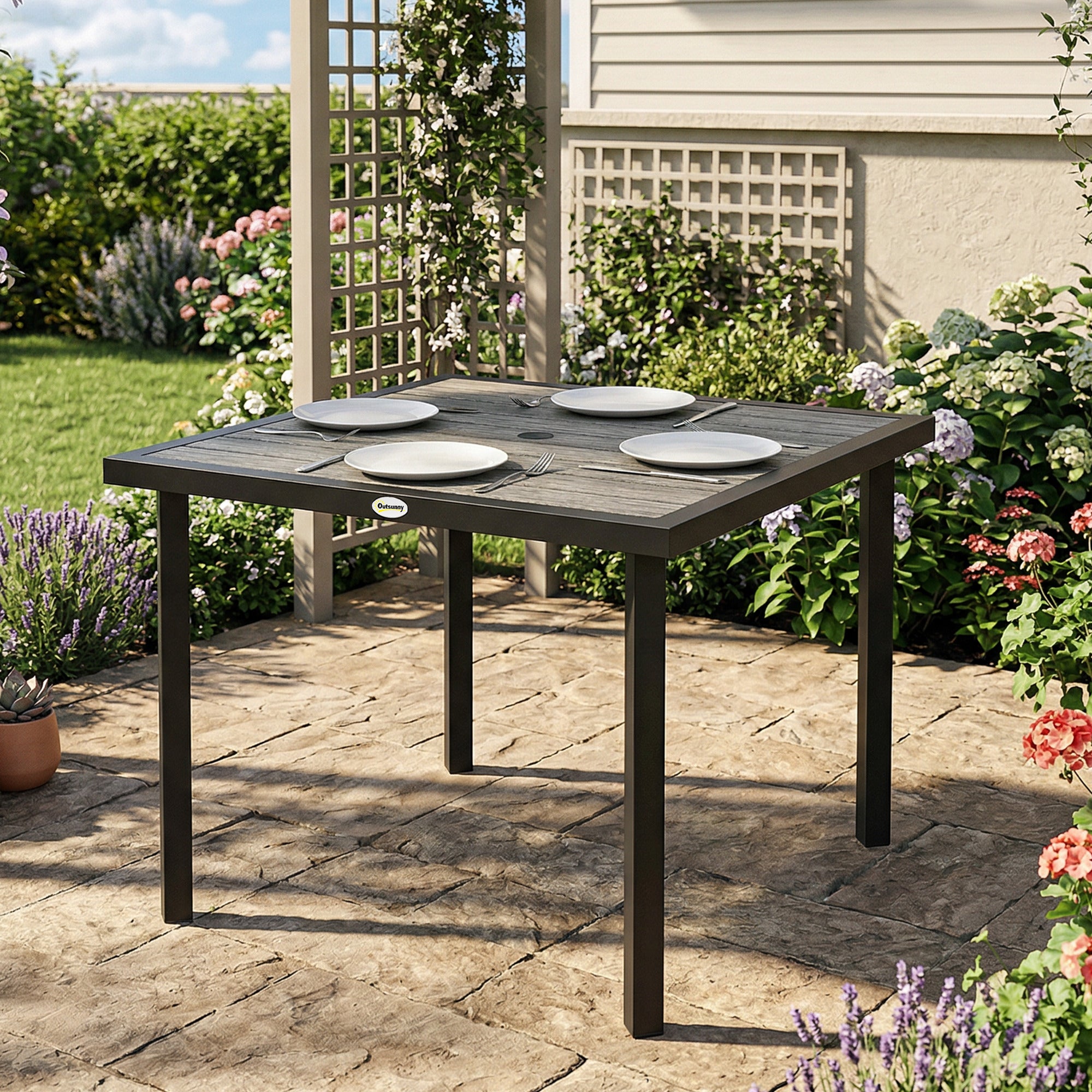 Wooden Slatted Top Outdoor Garden Dining Table for 4 People - Velmora