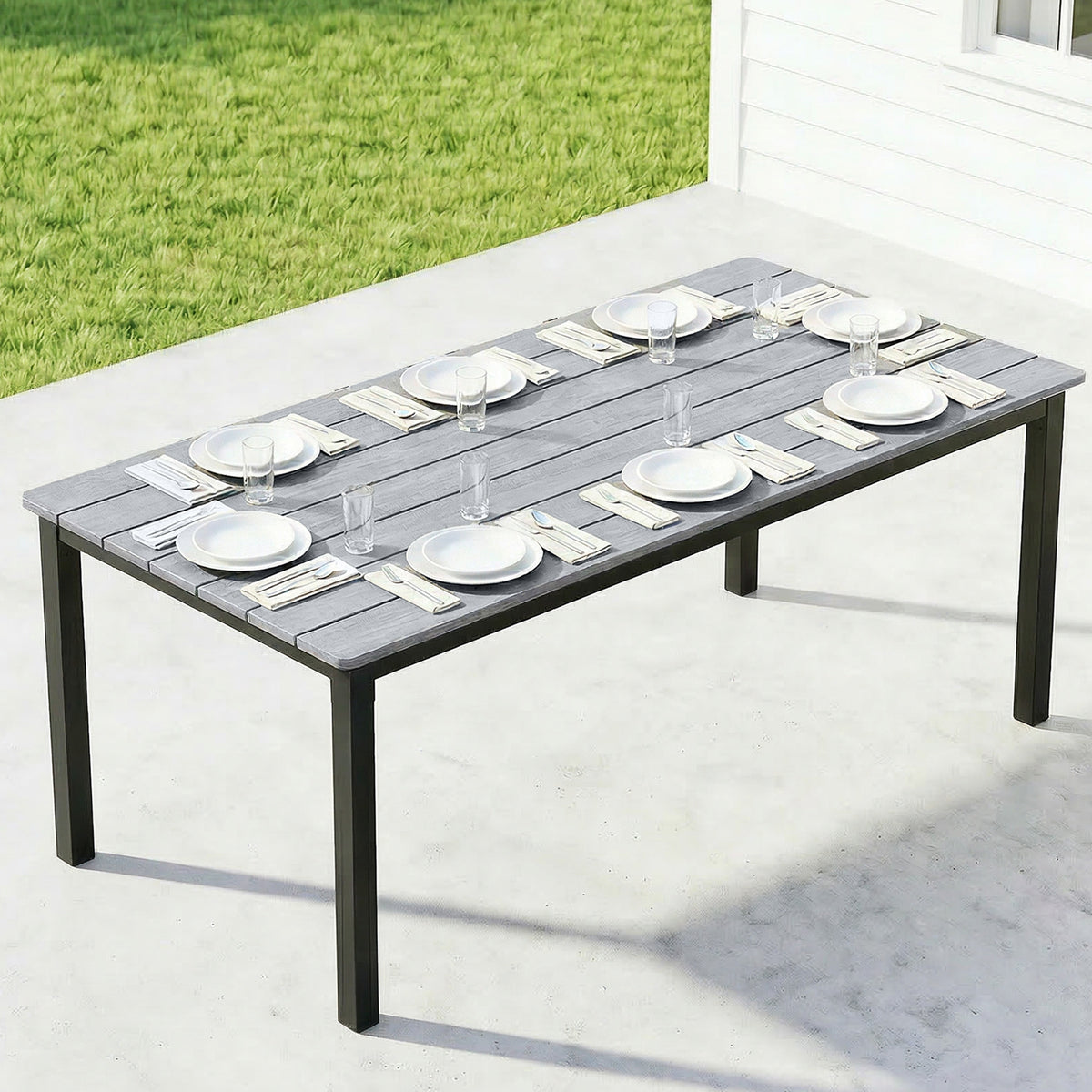 Wooden Slatted Top Outdoor Garden Dining Table for 6 to 8 People - Velmora