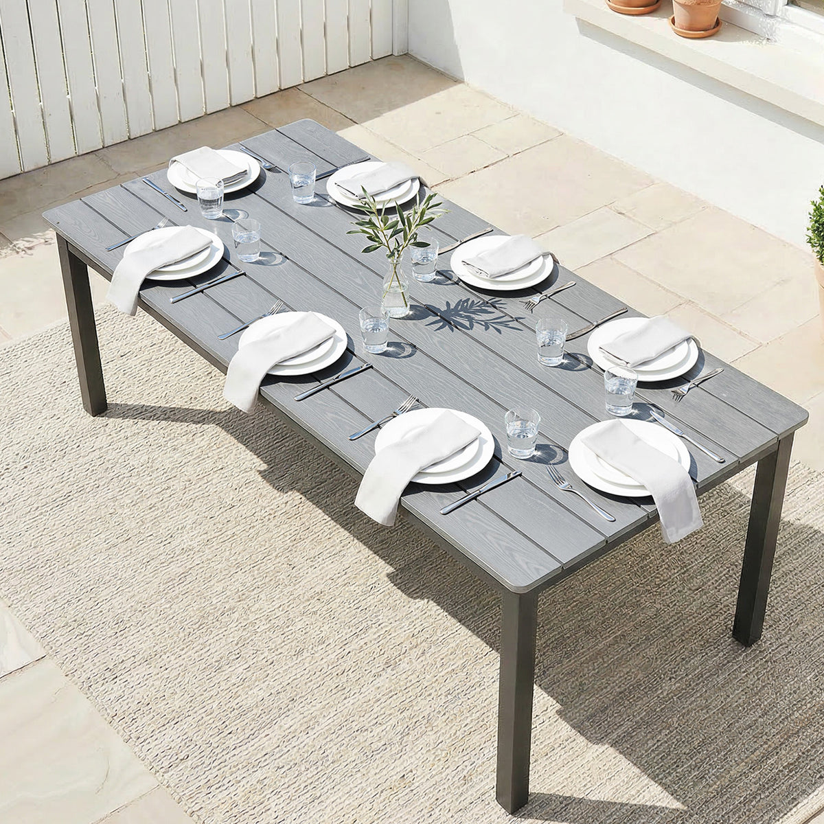 Wooden Slatted Top Outdoor Garden Dining Table for 6 to 8 People - Velmora