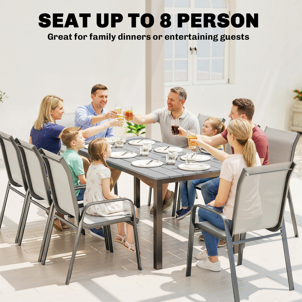 Wooden Slatted Top Outdoor Garden Dining Table for 6 to 8 People - Velmora