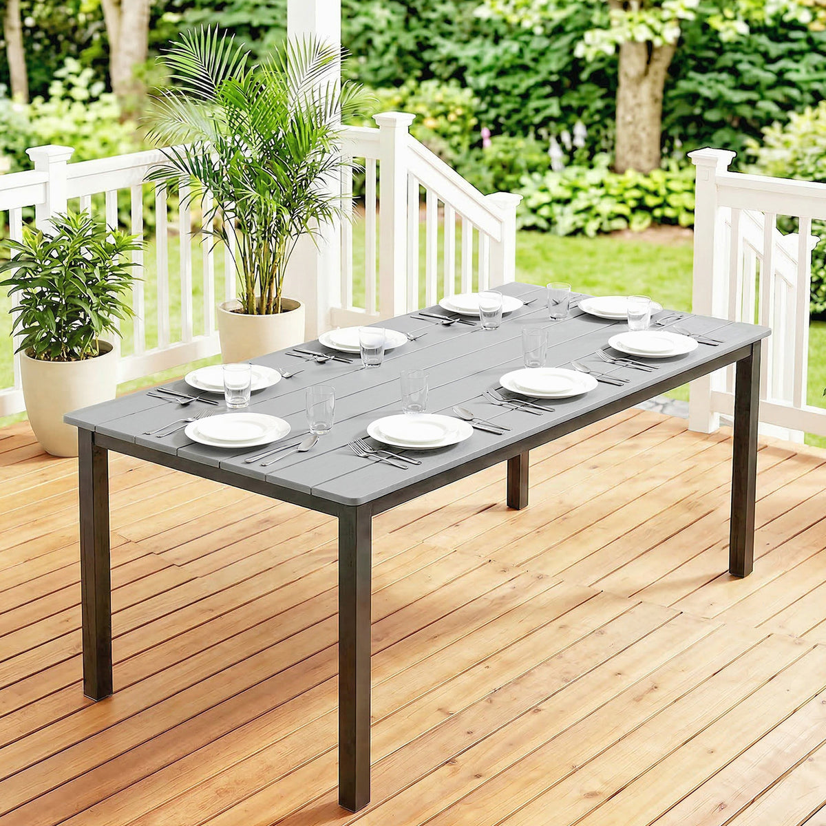 Wooden Slatted Top Outdoor Garden Dining Table for 6 to 8 People - Velmora